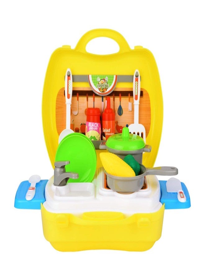 MANVI Kitchen Set for Kids Girl, Kitchen with Suitcase, Play Kitchen Set Pink Kids Kitchen Play Set Great Educational Toy Gifts for Girls (Yellow Kitchen Suitcase) - Image 1